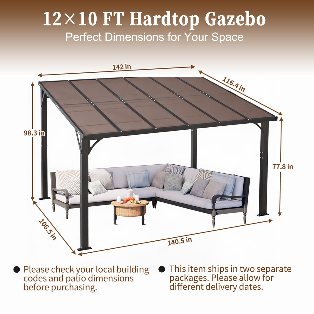 12x10 FT Hardtop Gazebo, Outdoor Patio Pergola with Tinted Polycarbonate Roof