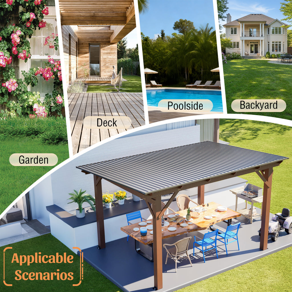 13x10ft Wooden Garden Gazebo with Metal Roof, Spacious Outdoor Patio Shade Structure for Backyard & Garden