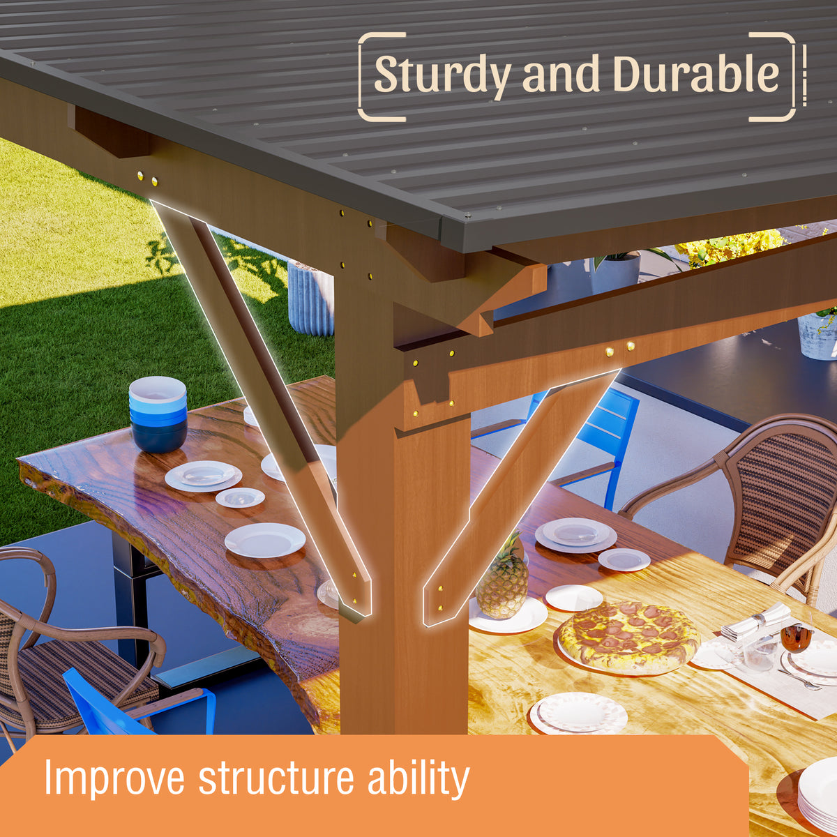 13x10ft Wooden Garden Gazebo with Metal Roof, Spacious Outdoor Patio Shade Structure for Backyard & Garden