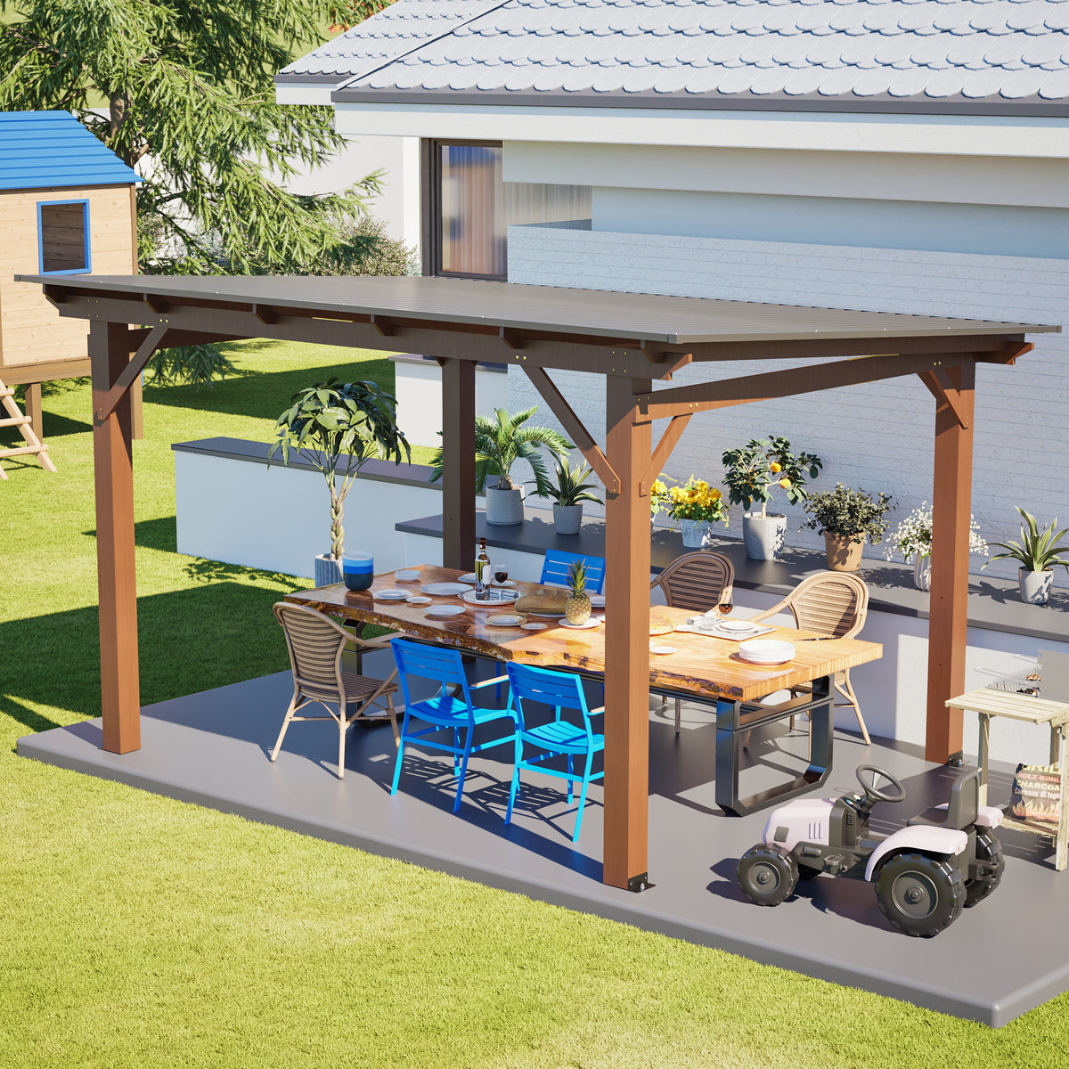 13x10ft Wooden Garden Gazebo with Metal Roof, Spacious Outdoor Patio Shade Structure for Backyard & Garden