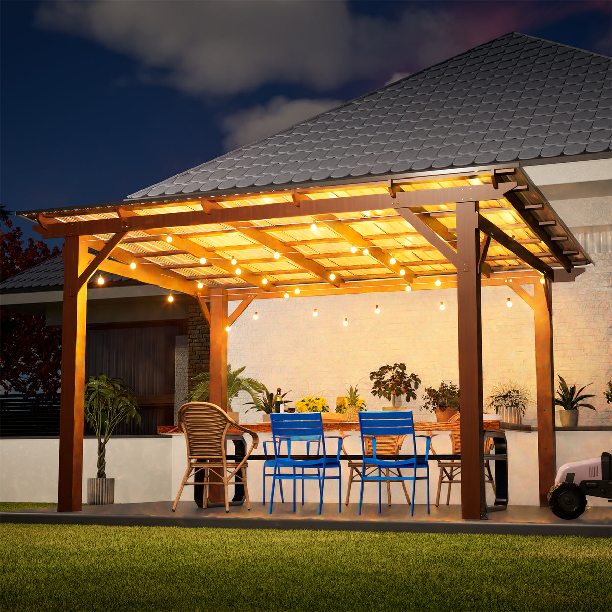 13x10ft Wooden Garden Gazebo with Metal Roof, Spacious Outdoor Patio Shade Structure for Backyard & Garden