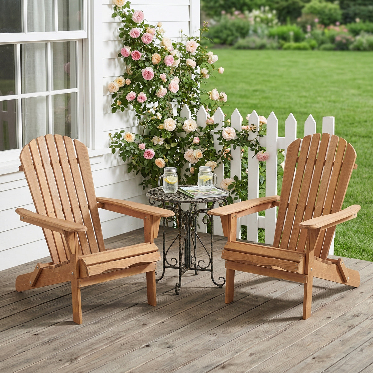 Outdoor Wooden Folding Adirondack Chair Set of 2 with Pre-Assembled Backrest in Light Brown, Solid Wood Patio Chair for Garden Backyard Porch Pool Deck Firepit