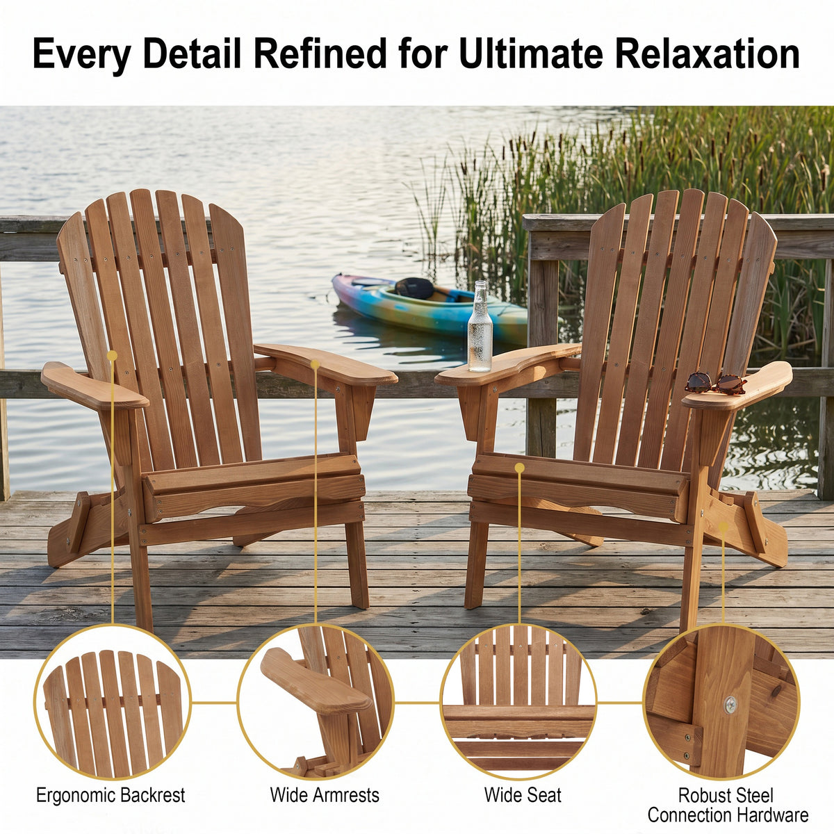 Outdoor Wooden Folding Adirondack Chair Set of 2 with Pre-Assembled Backrest in Light Brown, Solid Wood Patio Chair for Garden Backyard Porch Pool Deck Firepit