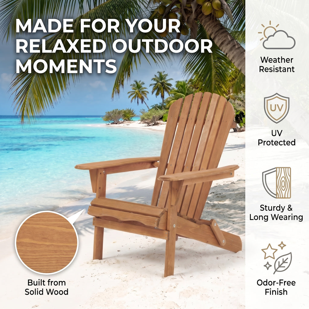 Outdoor Wooden Folding Adirondack Chair Set of 2 with Pre-Assembled Backrest in Light Brown, Solid Wood Patio Chair for Garden Backyard Porch Pool Deck Firepit