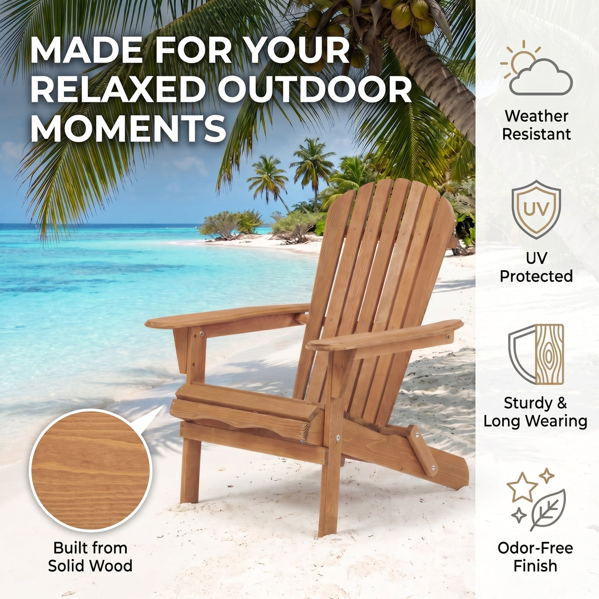 Outdoor Wooden Folding Adirondack Chair Set of 2 with Pre-Assembled Backrest in Light Brown, Solid Wood Patio Chair for Garden Backyard Porch Pool Deck Firepit