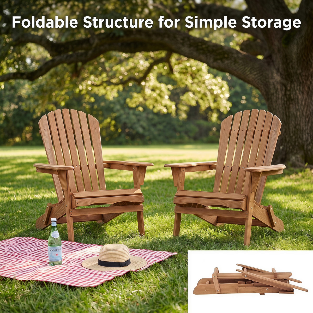 Outdoor Wooden Folding Adirondack Chair Set of 2 with Pre-Assembled Backrest in Light Brown, Solid Wood Patio Chair for Garden Backyard Porch Pool Deck Firepit
