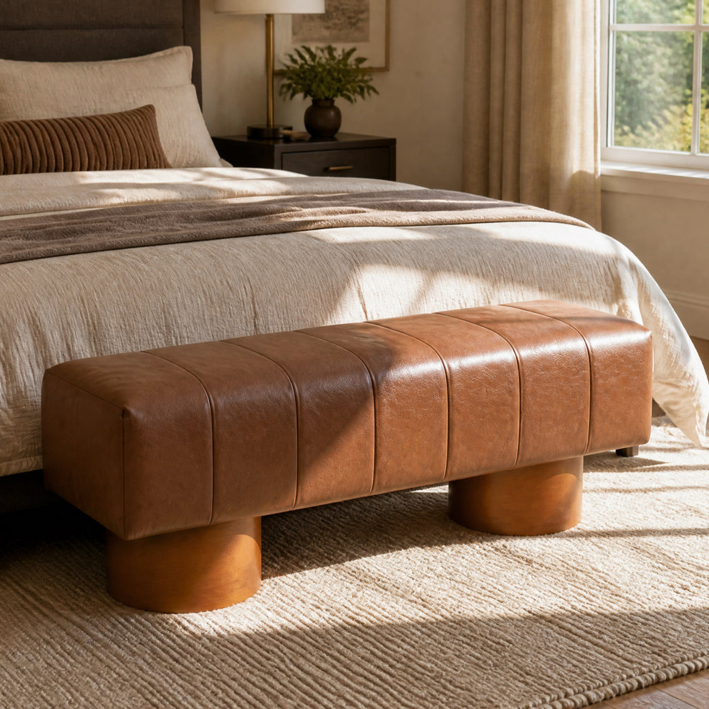 Brown PU Upholstered Indoor Dining Bench with Rubber & Plywood Frame, 61.02" L Modern Accent Bench, 250 lbs Capacity