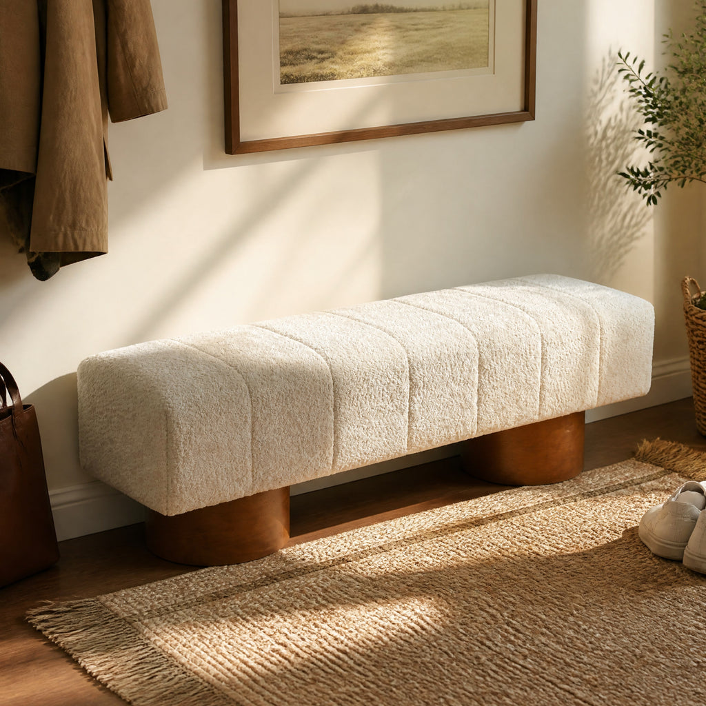 Beige Boucle Upholstered Indoor Dining Bench with Rubber & Plywood Frame, 61.02" L Modern Accent Bench, 250 lbs Capacity