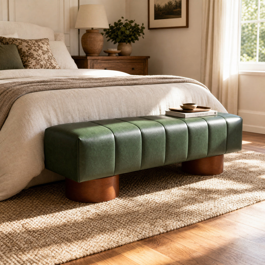 Modern Green PU Upholstered Dining Bench with Rubber & Plywood Frame, 61.02" L, 250 lbs Capacity