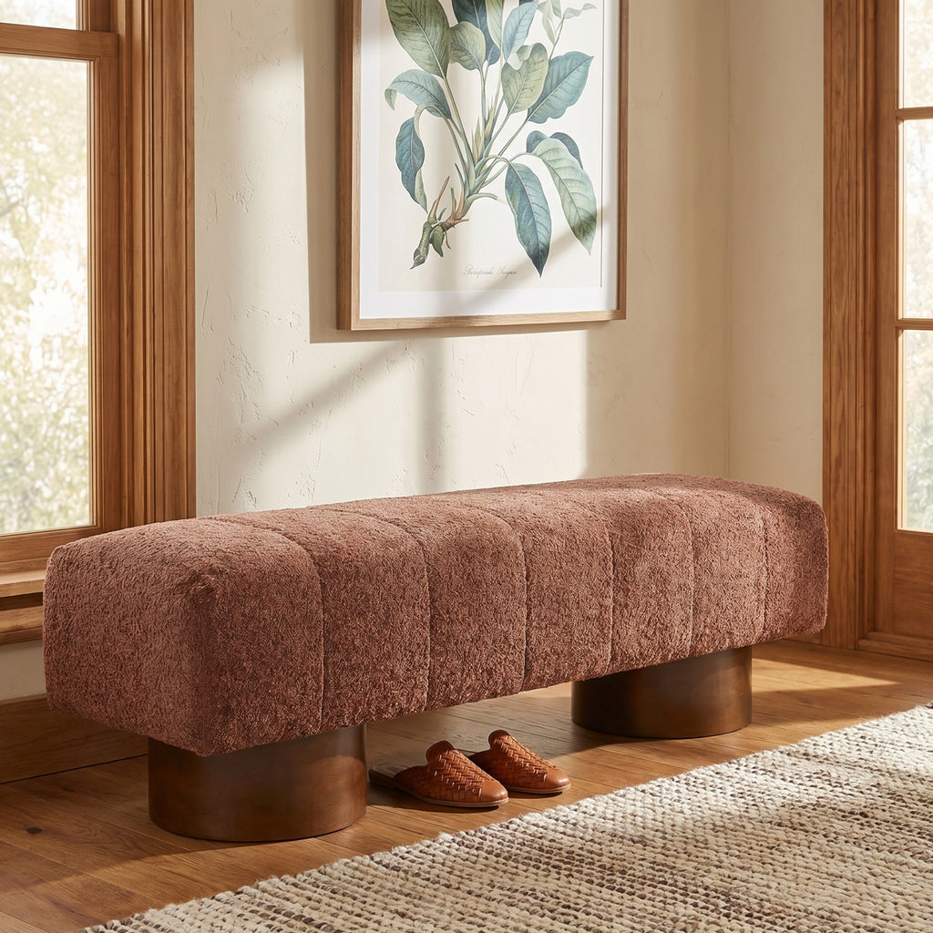 Rust Red Boucle Upholstered Indoor Dining Bench with Rubber & Plywood Frame, 61.02" L Modern Accent Bench in Rust Red Fabric, Sturdy Construction for 250 lbs Capacity