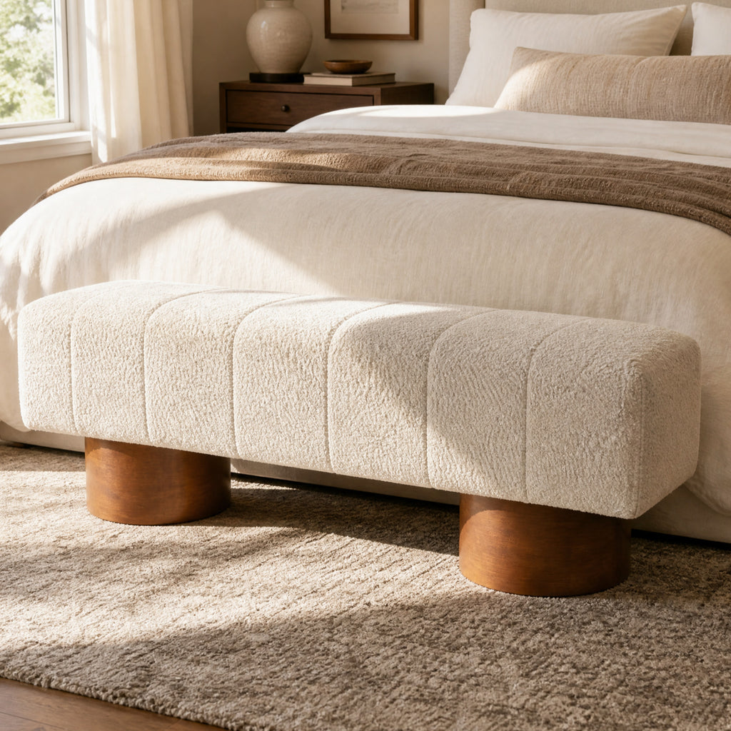 Beige Boucle Upholstered Indoor Dining Bench with Rubber & Plywood Frame, 61.02" L Modern Accent Bench, 250 lbs Capacity