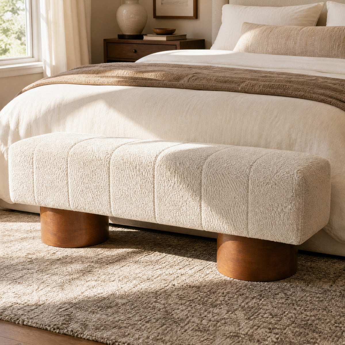 Beige Boucle Upholstered Indoor Dining Bench with Rubber & Plywood Frame, 61.02" L Modern Accent Bench, 250 lbs Capacity