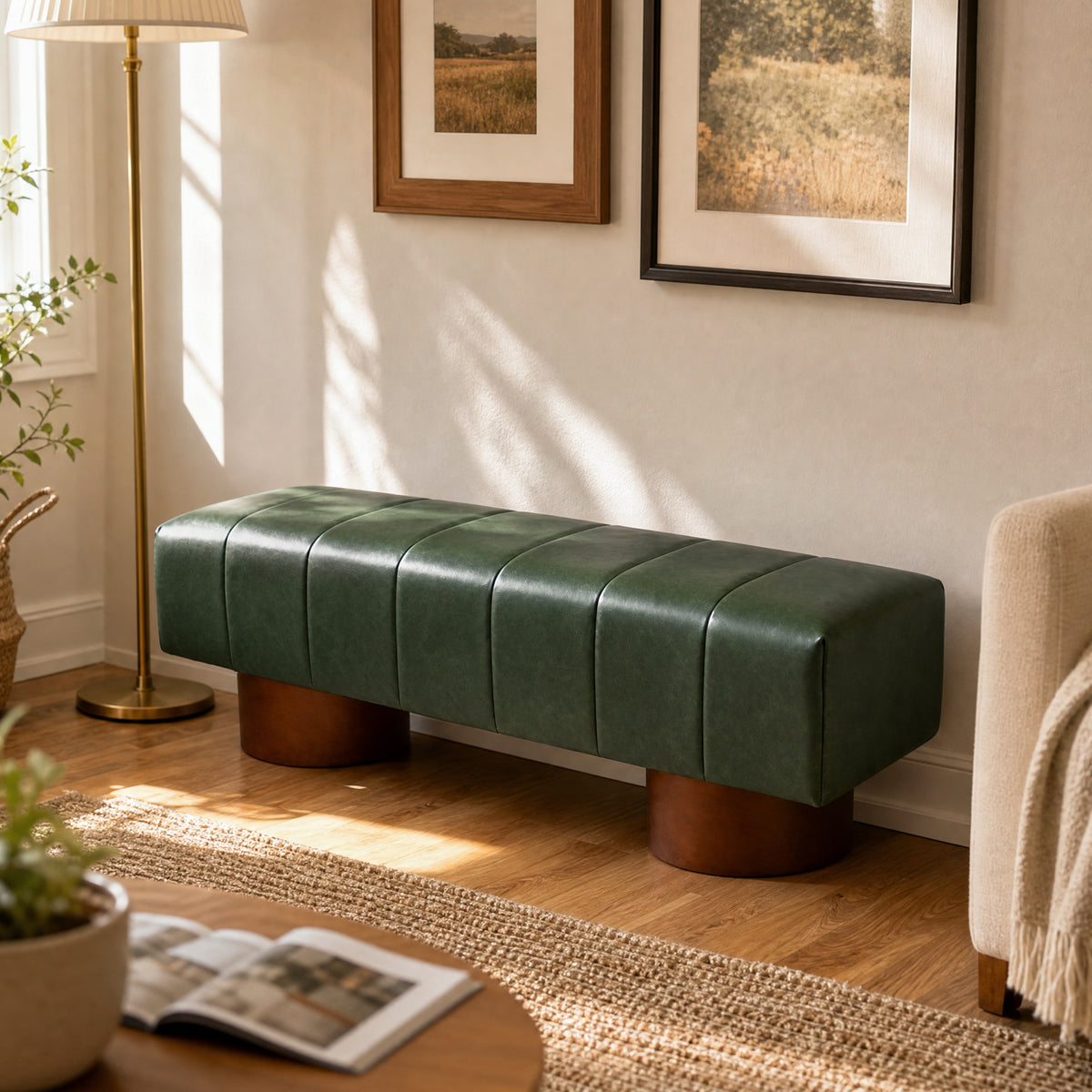 Modern Green PU Upholstered Dining Bench with Rubber & Plywood Frame, 61.02" L, 250 lbs Capacity