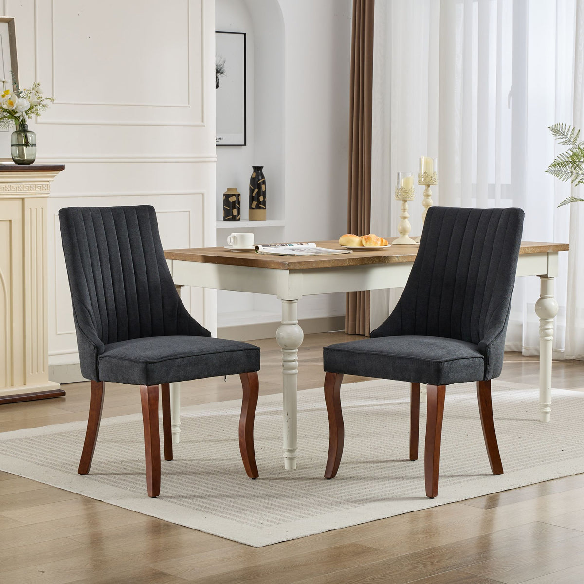 Upholstered Accent Chair for Dining Room with Curved Solid Wood Legs,Set of 2 (Black)