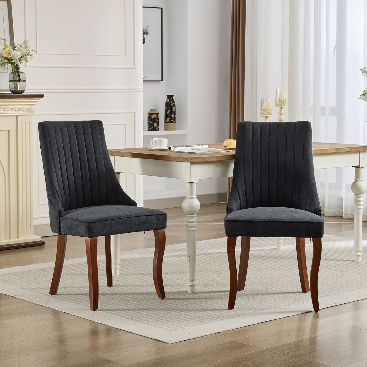 Upholstered Accent Chair for Dining Room with Curved Solid Wood Legs,Set of 2 (Black)