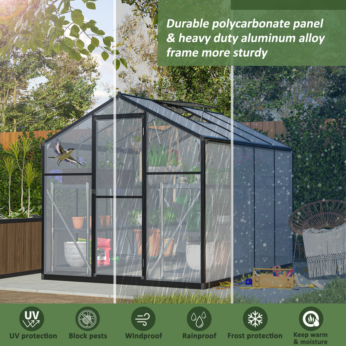6x8 FT Greenhouse for Outdoors, Polycarbonate Greenhouse with Quick Setup Structure and Roof Vent
