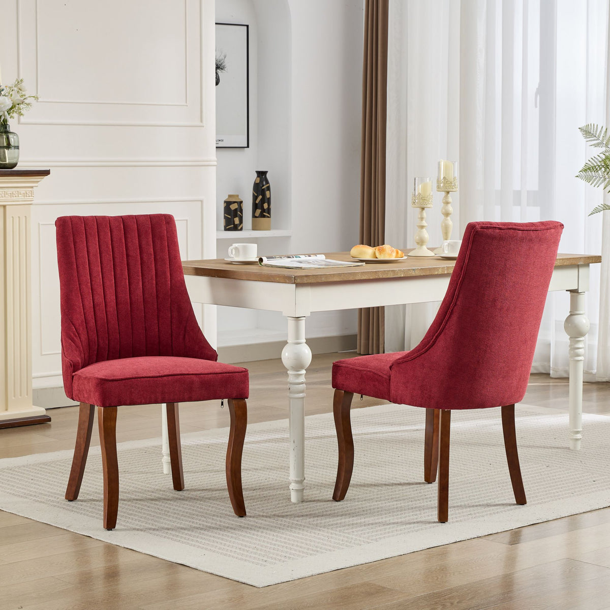 Upholstered Accent Chair for Dining Room with Curved Solid Wood Legs,Set of 2 (Wine Red)